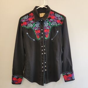 Scully Flower Embroidered Button Up Shirt Womens Medium